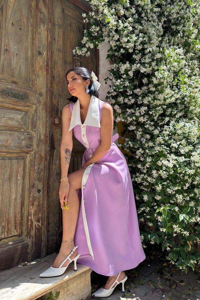 Lila Geniş Yakalı Halter Kollu Elbise