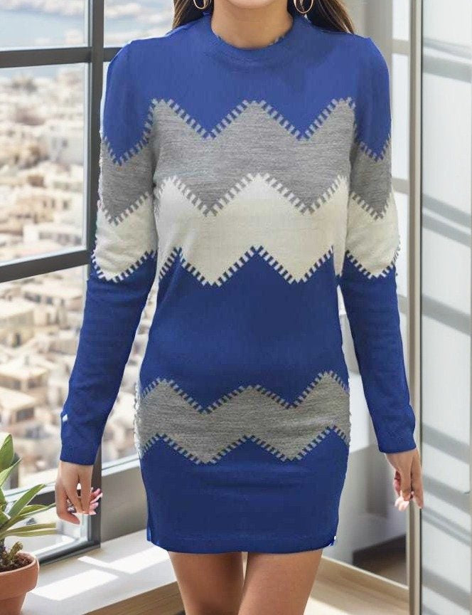 Kadın Uzun Kollu Zigzag Desen Triko Elbise