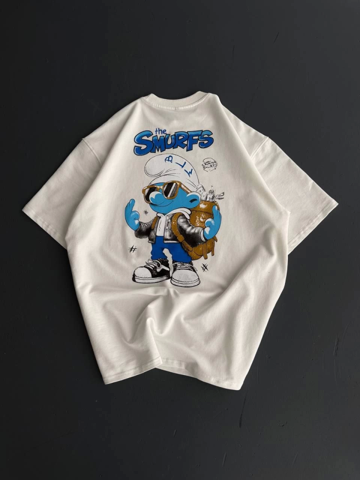 Ön Ve Arka Baskılı Oversize Bisiklet Yaka T-shirt- Beyaz