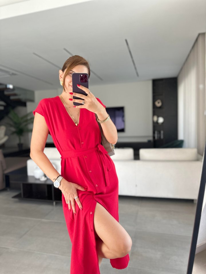 Kadınn V Yaka Düğme Detay Kuşak Dahil Elbise