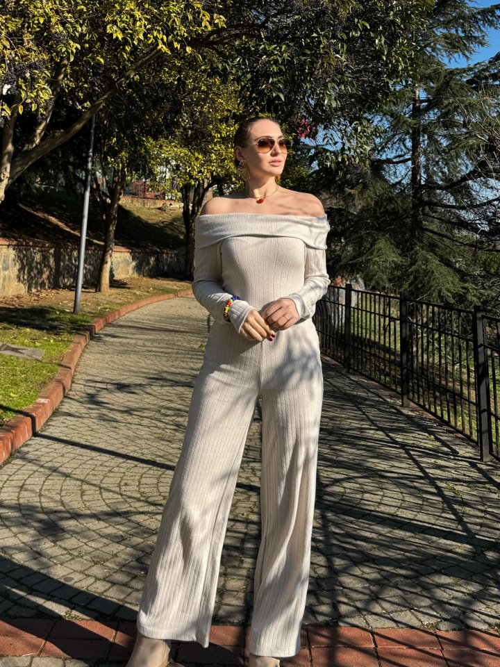 Kadın Uzun Kollu Madonna Yaka şardonlu Kaşkorse Tulum