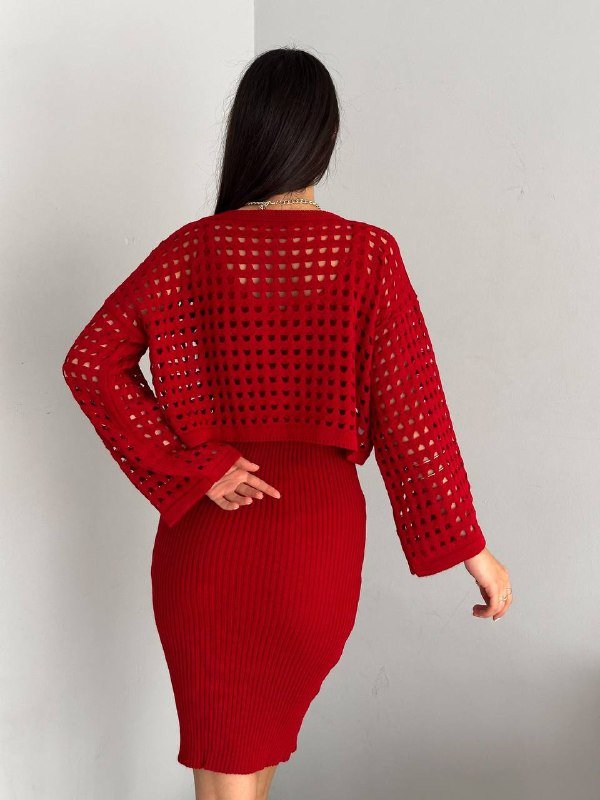 Kadın Delikli Kazak Askılı Elbise Triko Kumaş Ikili Takım