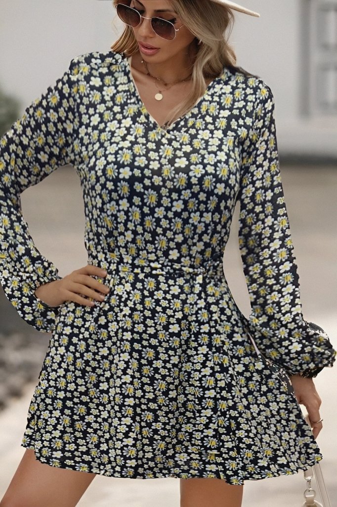 Kadın Uzun Kollu V Yaka çiçek Desenli Helen Kumaş Elbise