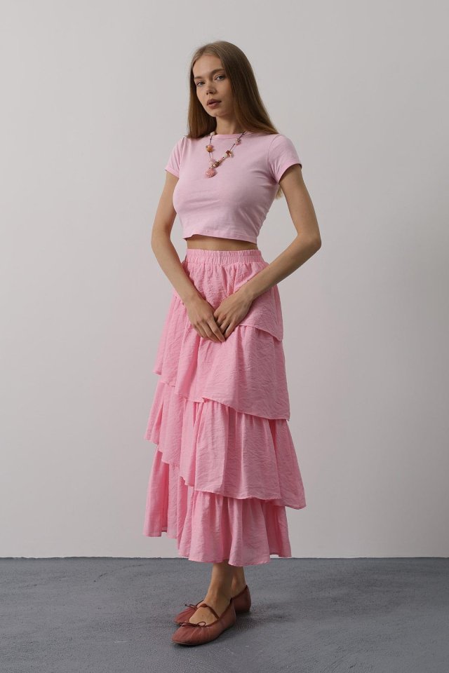 Katlı Kesim Uzun Etek - Pembe