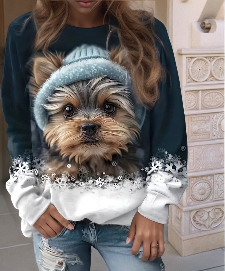 Kadın Uzun Kollu Bisiklet Yaka Köpek Baskılı şardonlu Dalgıç Bluz