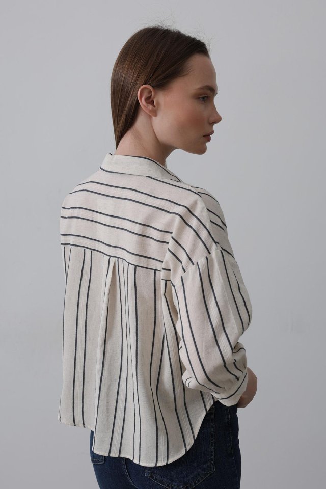 Çizgili Kısa Gömlek - Bej-Lacivert