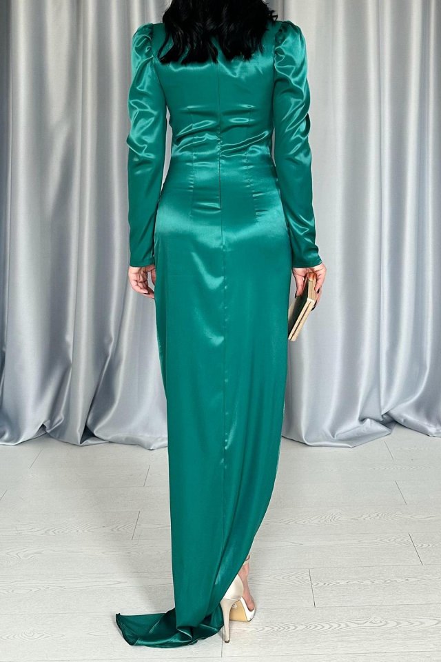 Zümrüt Göğsü Kuplu Yırtmaçlı Elbise