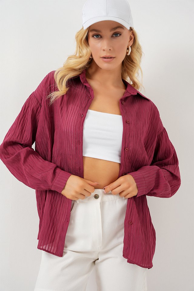 Uzun Oversize Gömlek 20320 - Bordo