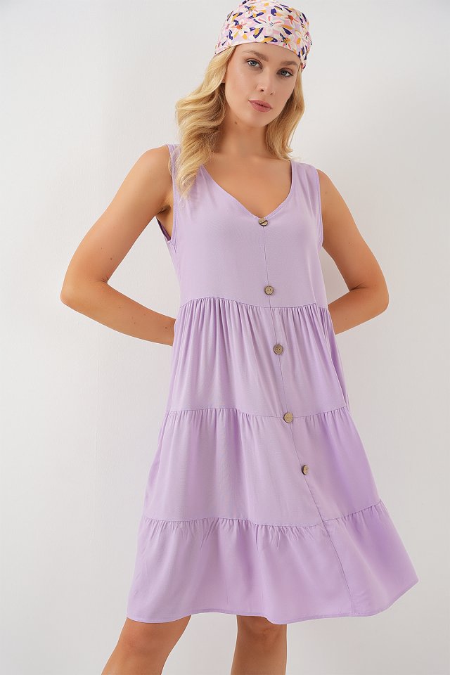 Sıfır Kol Düğmeli Kısa Elbise 2571 - Lila