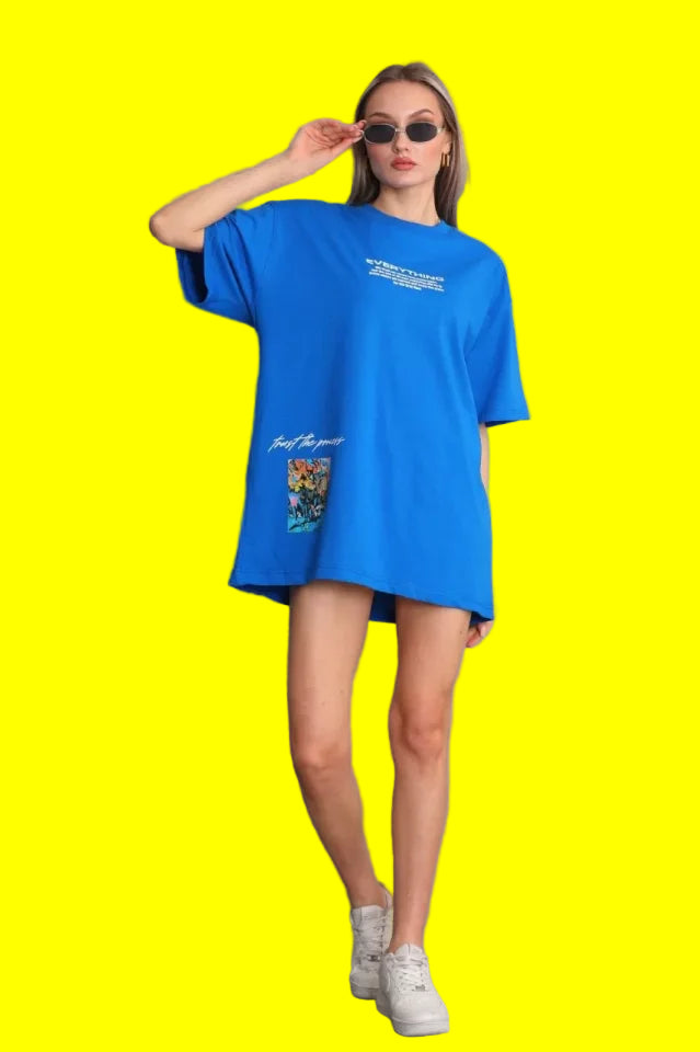 Unisex Bisiklet Yaka Baskılı Oversize T-Shirt - Mavi