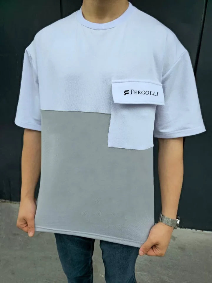 Unisex Torba Cep Detaylı Parçalı T-Shirt - Gri