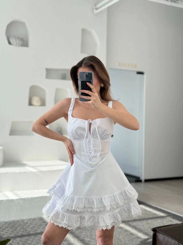 Fırfırlı Askılı Mini Elbise - Beyaz