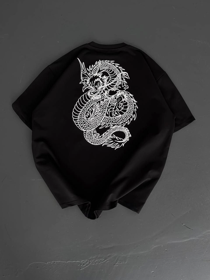 Baskılı Oversize Bisiklet Yaka T-shirt - Siyah