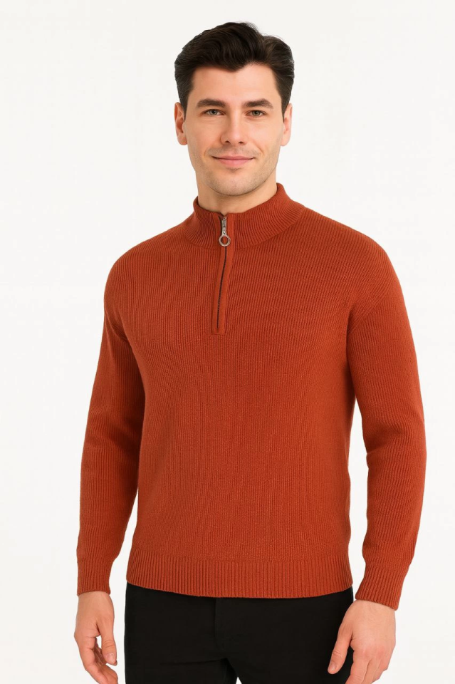 Erkek Yarım Fermuarlı Triko Kazak – Selanik Örgü, Dik Yaka, Pamuklu Dokuma, Regular Fit Uzun Kollu Kışlık Model - Kiremit