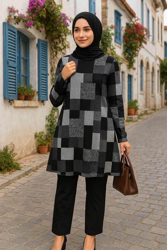 Kadın Uzun Kollu Yuvarlak Yaka Geometrik Süprem Elbise