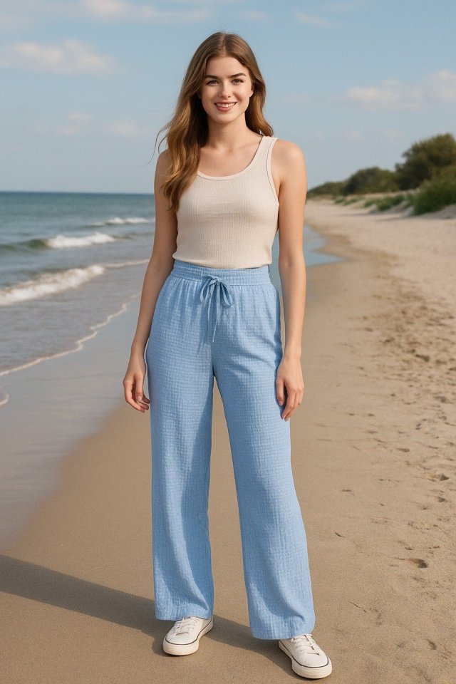 Kadın Beli Lastikli Pol Paça Pantolon