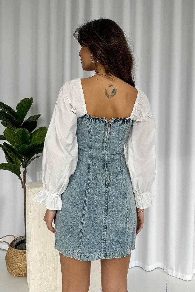 Mavi Önü Fiyoklu Kot Elbise