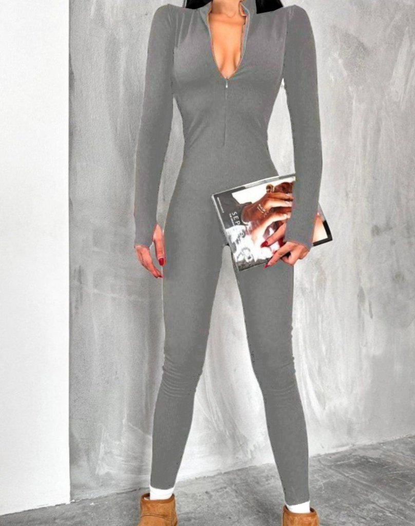 Kadın Uzun Kollu V Yaka Baş Parmak Geçirmeli Detay Kaşkorse Tulum