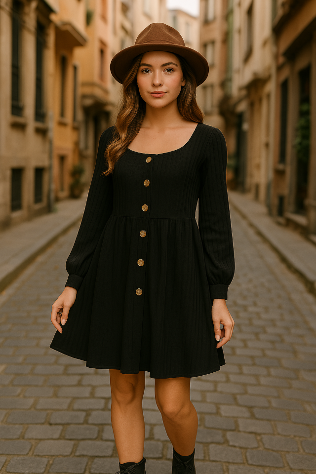 Kadın Uzun Kollu Kare Yaka önden Düğmeli Midi şardonlu Kaşkorse Elbise