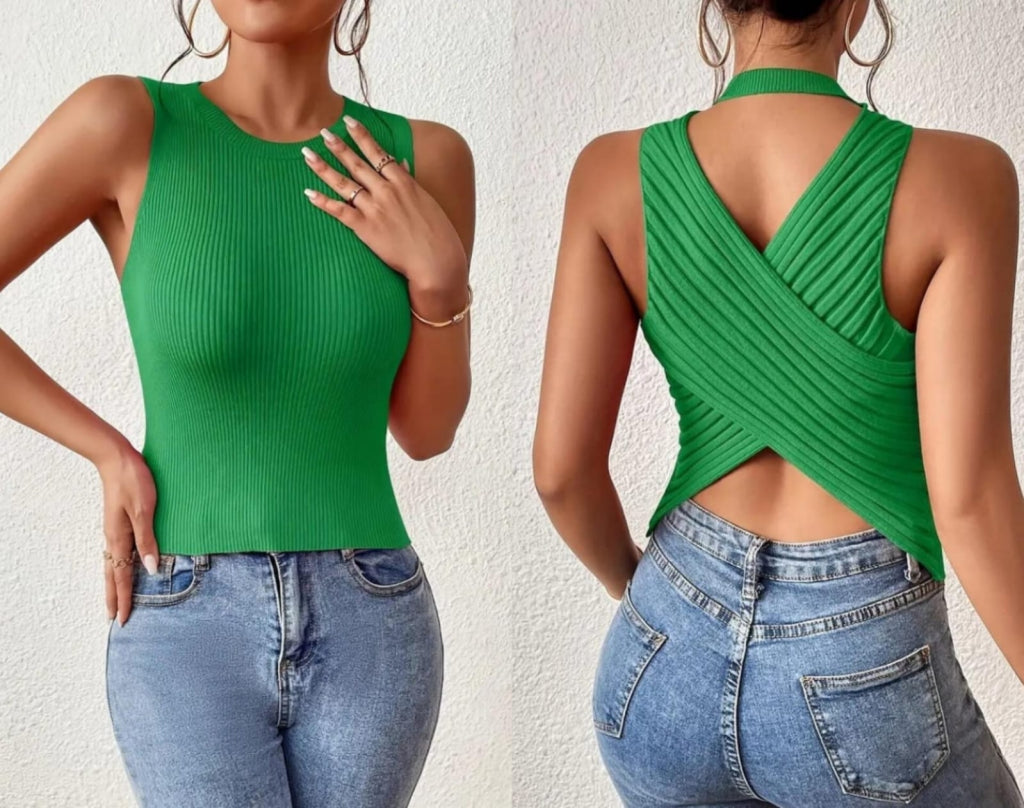 Kadın Sıfır Kol Sırt çapraz Detay Triko Bluz