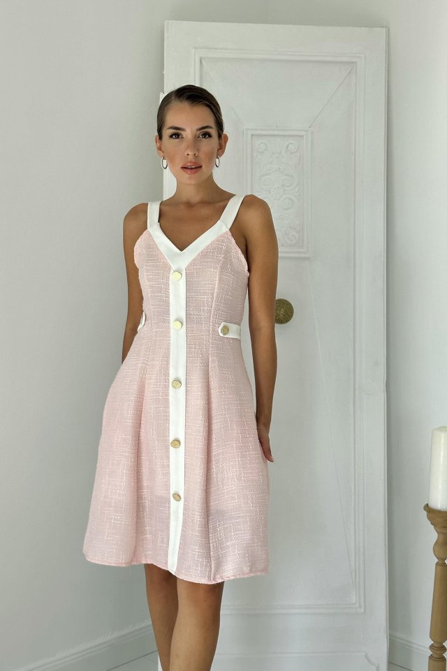 Pudra Ekru Süs Cepli Askılı Elbise