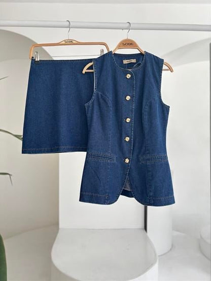 Kolsuz Yelekli Mini Etekli Denim Takım 10164