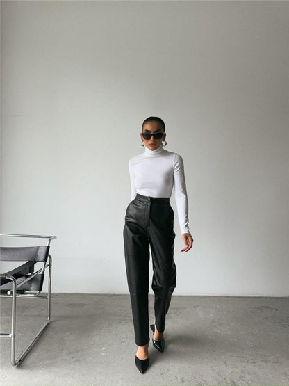 DERİ PANTOLON DİZ PARÇALI - Siyah