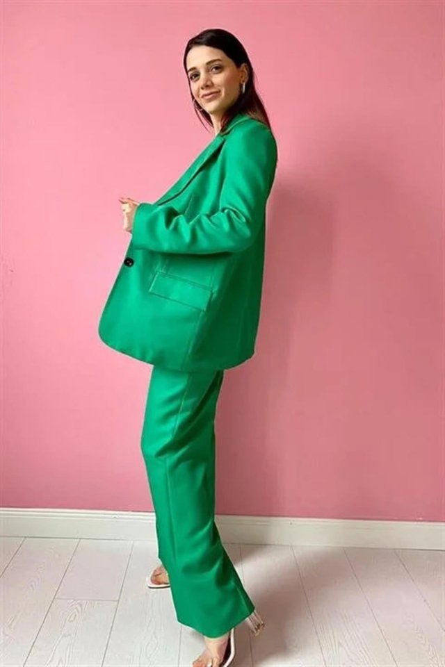 Yeşil Çift Düğmeli Ceket Ve Pantolon Takım