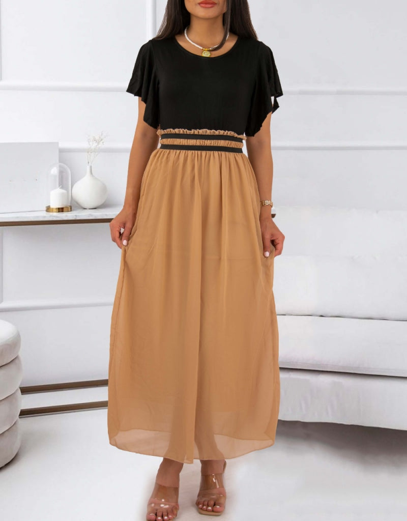 Kadın Kısa Kollu üst Viskon Alt Astarlı şifon Beli Lastikli Elbise