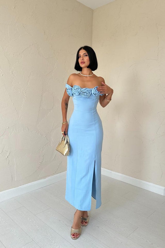 Bebe Mavi Madonna Yaka Güllü Elbise