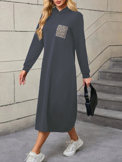Kadın Uzun Kollu Kapşonlu Cep Detaylı Viskon Iki Iplik Maxi Elbise