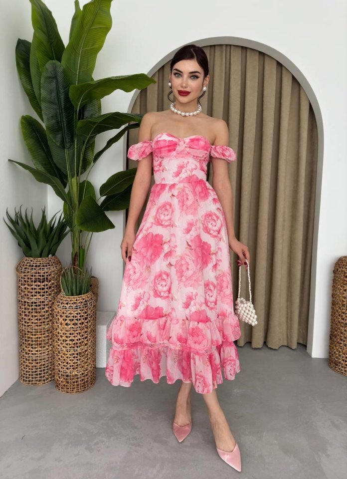 ŞİFON KUMAŞ DİJİTAL DESEN BASKILI ELBİSE