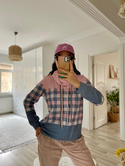 Kadın Uzun Kollu Balıkçı Yaka Bağcıklı Desenli şardonlu Dalgıç Bluz