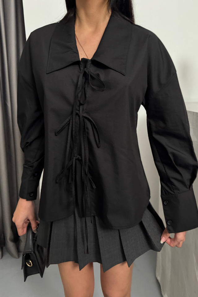 OKUL YAKA POPLİN GÖMLEK İP BAĞLAMA DETAYLI - Siyah