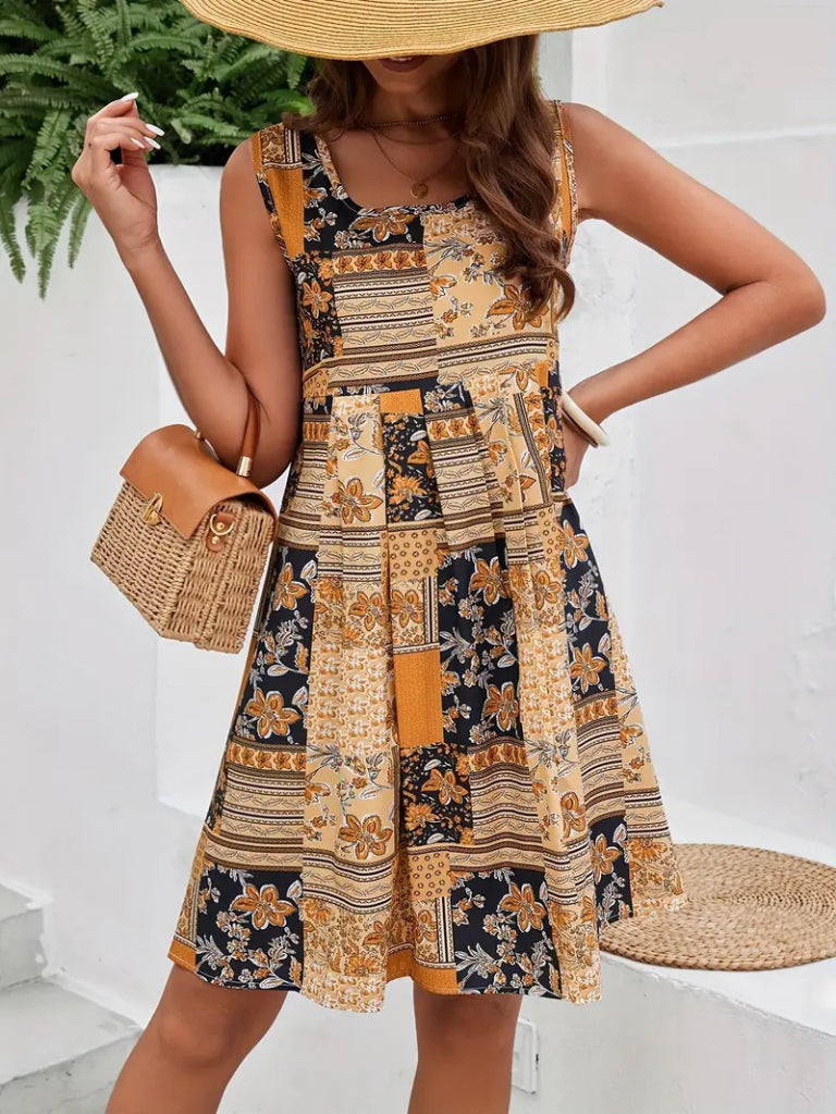 Kadın Sıfır Kol Yuvarlak Yaka çiçek Desenli Süprem Elbise