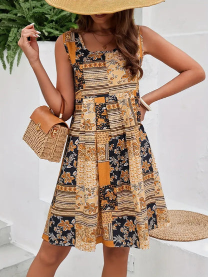 Kadın Sıfır Kol Yuvarlak Yaka çiçek Desenli Süprem Elbise