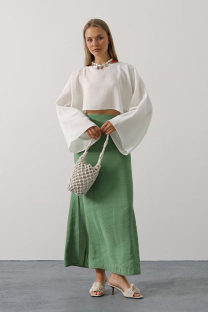 YARASA KOLLU CROP BLUZ - Beyaz