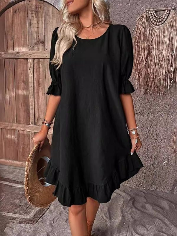 Kadın Kısa Kollu Kol Ve Eteği Volanlı Bisiklet Yaka Aerobin Elbise