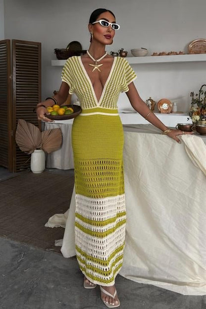 Omuzu Çizgili Ajurlu Triko Elbise 2868