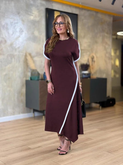 Kadın Kısa Kollu Bisiklet Yaka çift şerit Renk Detaylı Asimetrik Kesim Viskon Iki Iplik Elbise