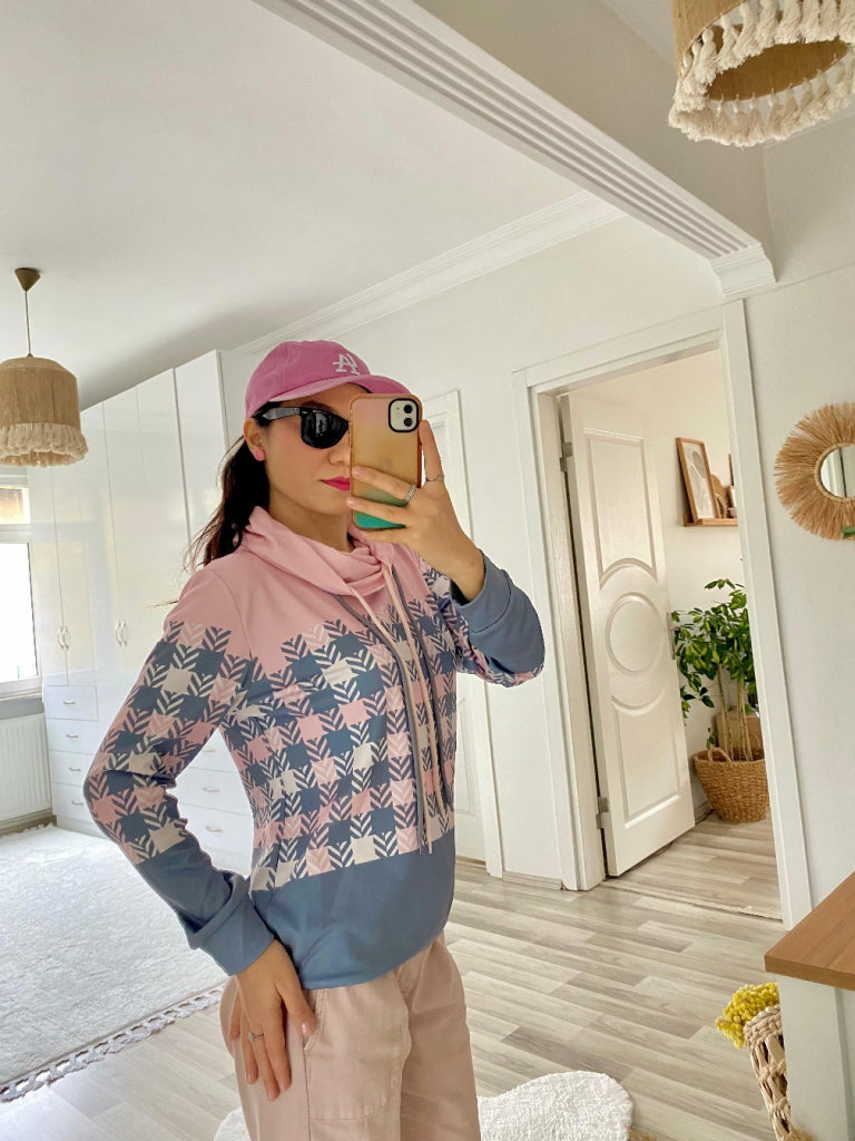 Kadın Uzun Kollu Balıkçı Yaka Bağcıklı Desenli şardonlu Dalgıç Bluz