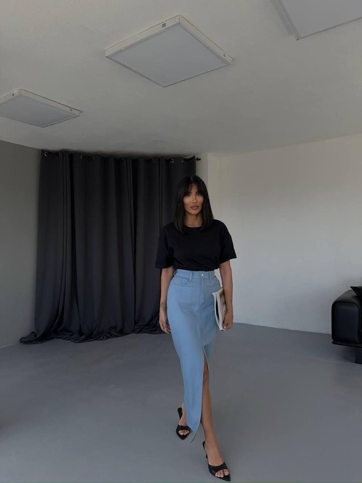 GABARDİN UZUN ÖNDEN YIRTMAÇLI ETEK - Mavi