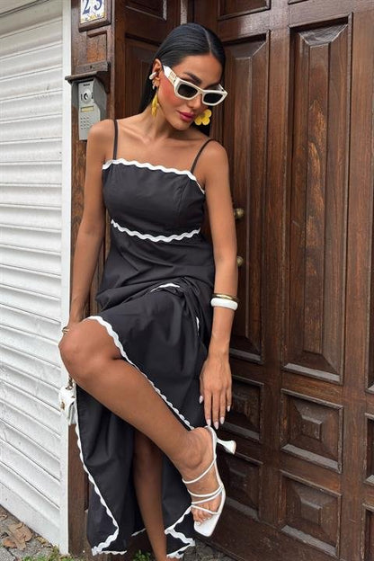 Dalgalı Şerit Detay Askılı Poplin Elbise 2876