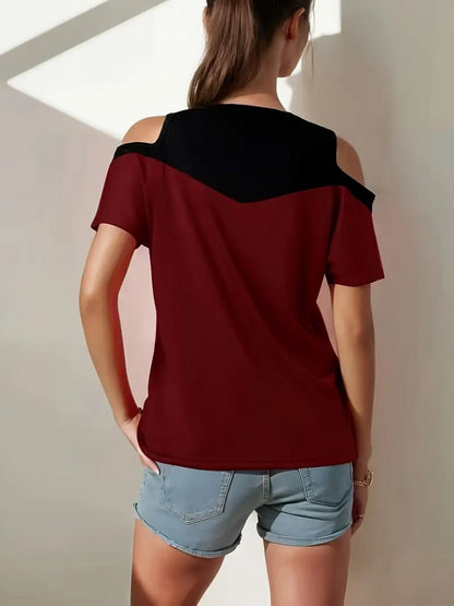 Kadın Kısa Kollu Omuzlardan Açık Detaylı çift Renkli Viskon Bluz