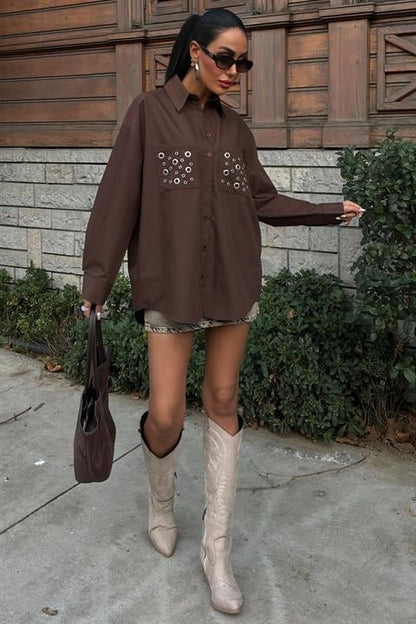 Metal Kuşgözü Detaylı Poplin Gömlek 3453