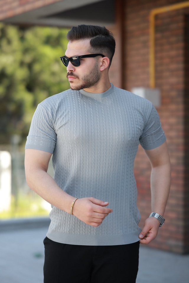 Erkek Bisiklet Yaka örgü Desenli Kısa örme Triko Kısa Kollu T-shirt