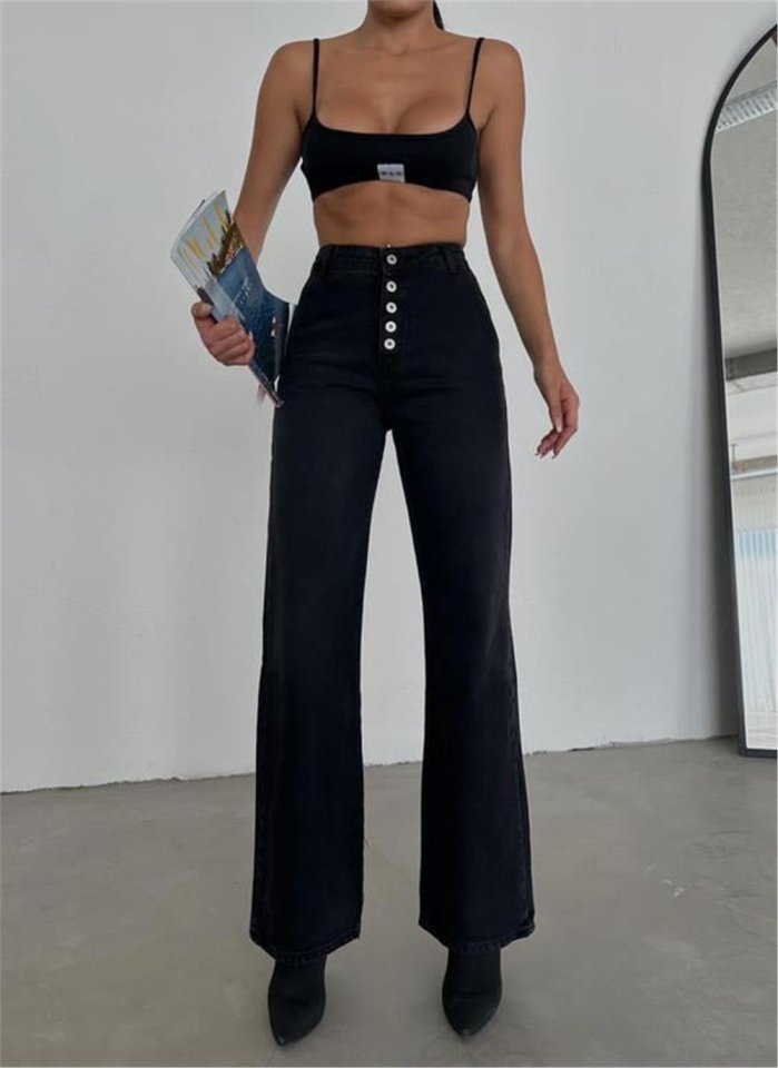 DÜĞMELİ KOT PANTOLON - Siyah