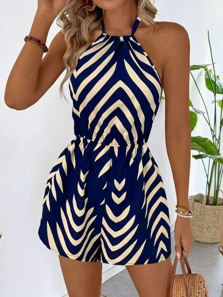 Kadın Boyundan Askılı Halter Yakalı Desenli Süprem Tulum