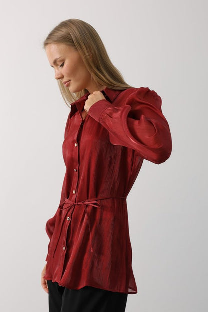 Belden Bağlamalı Uzun Kol Gömlek - Bordo
