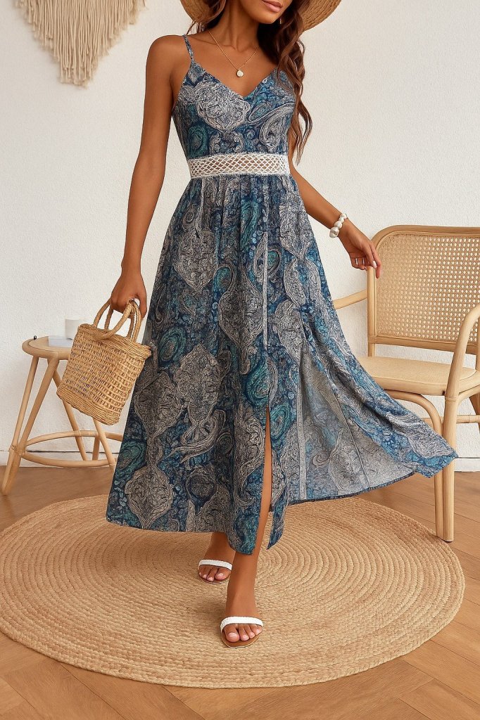 Kadın Ip Askılı V Yakalı Bel Güpür çiçek Desenli Yandan Yırtmaçlı Maksi Süprem Elbise